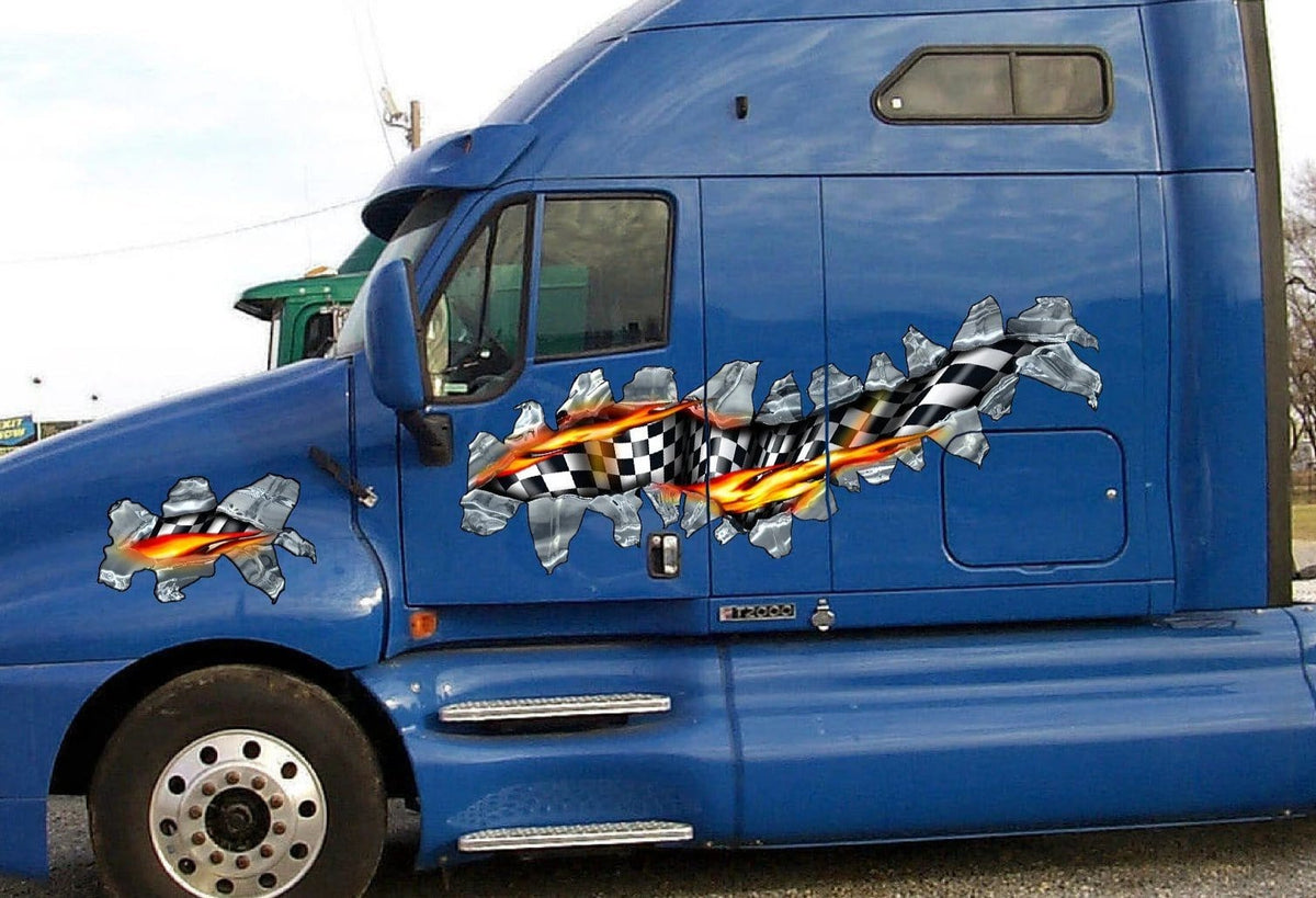 checkers flames tear decals on blue semi